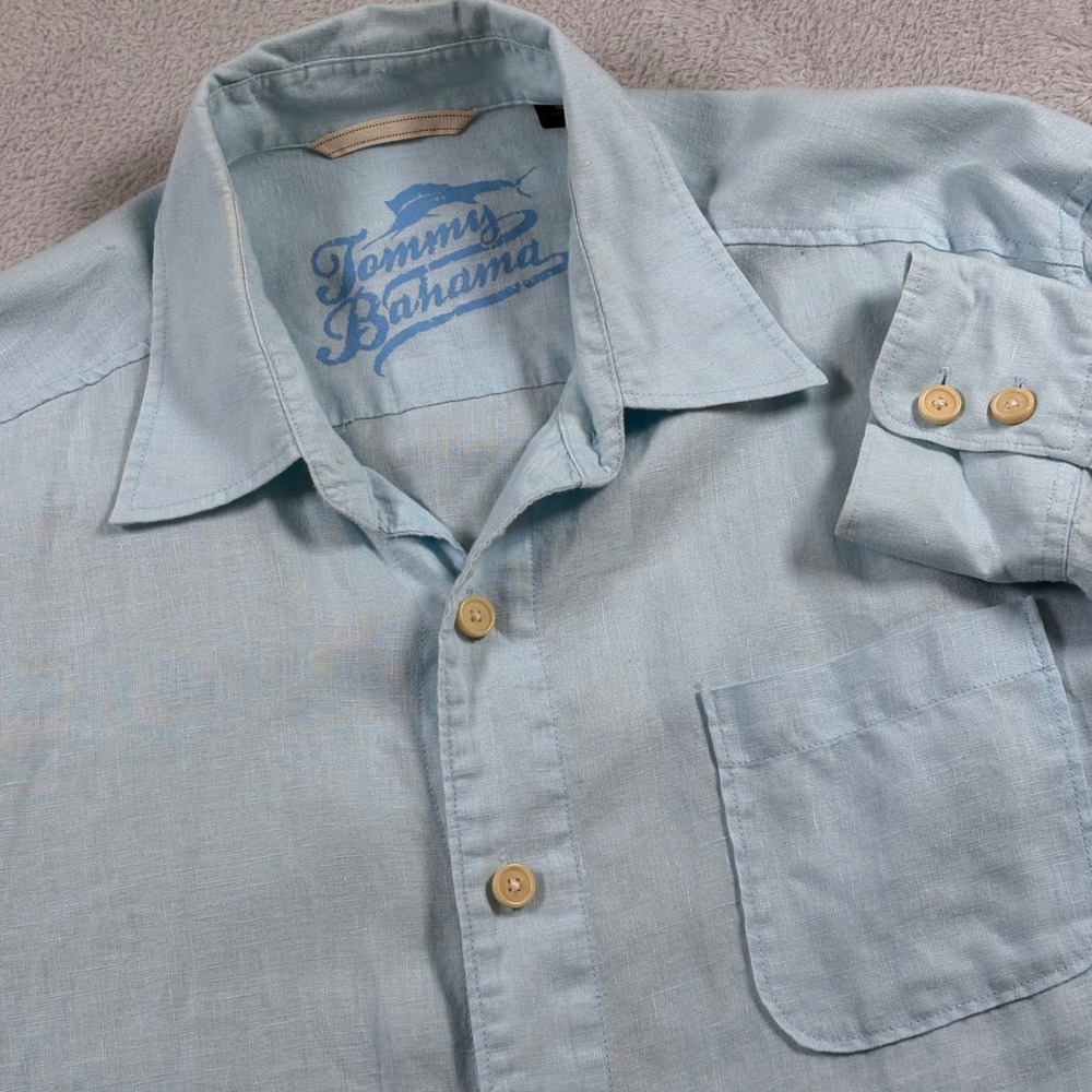 Tommy Bahama Relax Mens Medium Light Blue‎ 100% Linen Long Sleeve Button Shirt